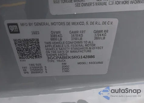 2024 Chevrolet Silverado 1500 из США, поврежденный, VIN 3GCPABEK5RG142886